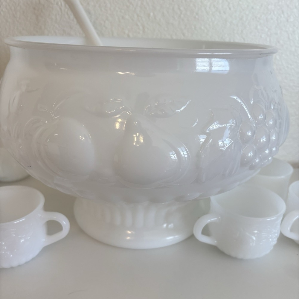Vintage White Milk Glass Punch Bowl Set With Fruit Motif, 12 Cups, Ladle